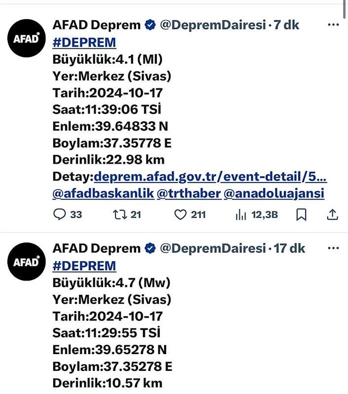 Sivas’ta on dakika arayla iki deprem
