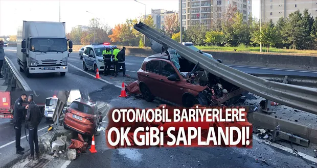 Otomobil Bariyerlere Ok Gibi Saplandı