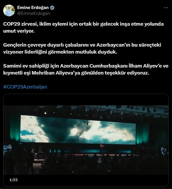 Emine Erdoğan’dan COP29’a ilişkin videolu paylaşım
