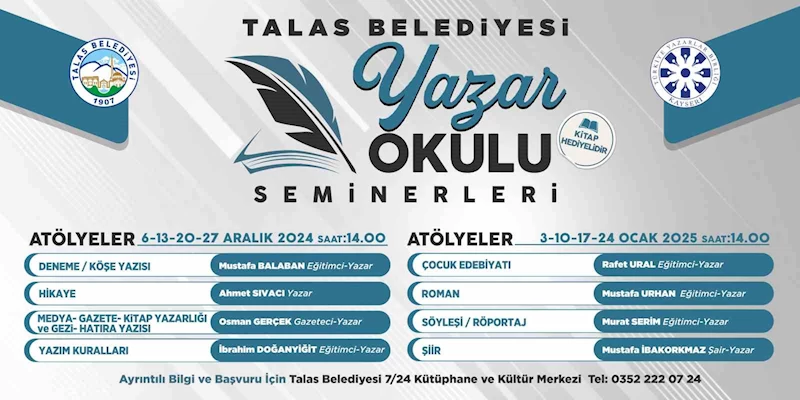 Talas’ta yazar okulu seminerleri başlıyor
