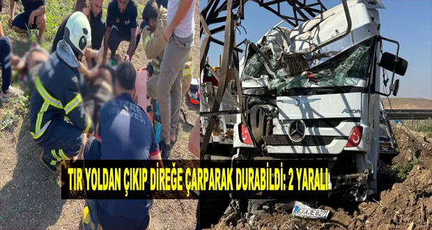 Tır Yoldan Çıkıp Direğe Çarparak Durabildi: 2 Yaralı